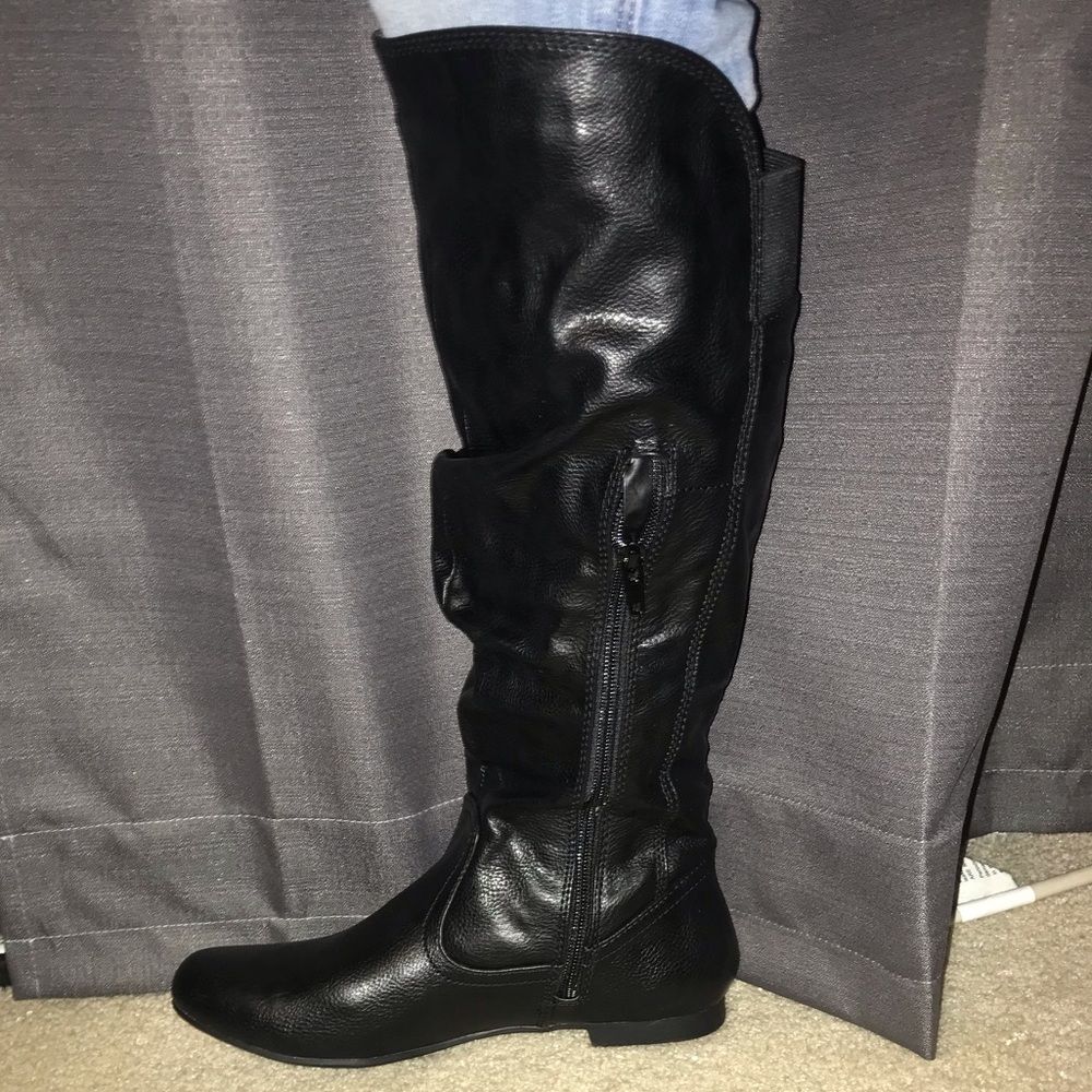 Black Faux Leather Knee Boots